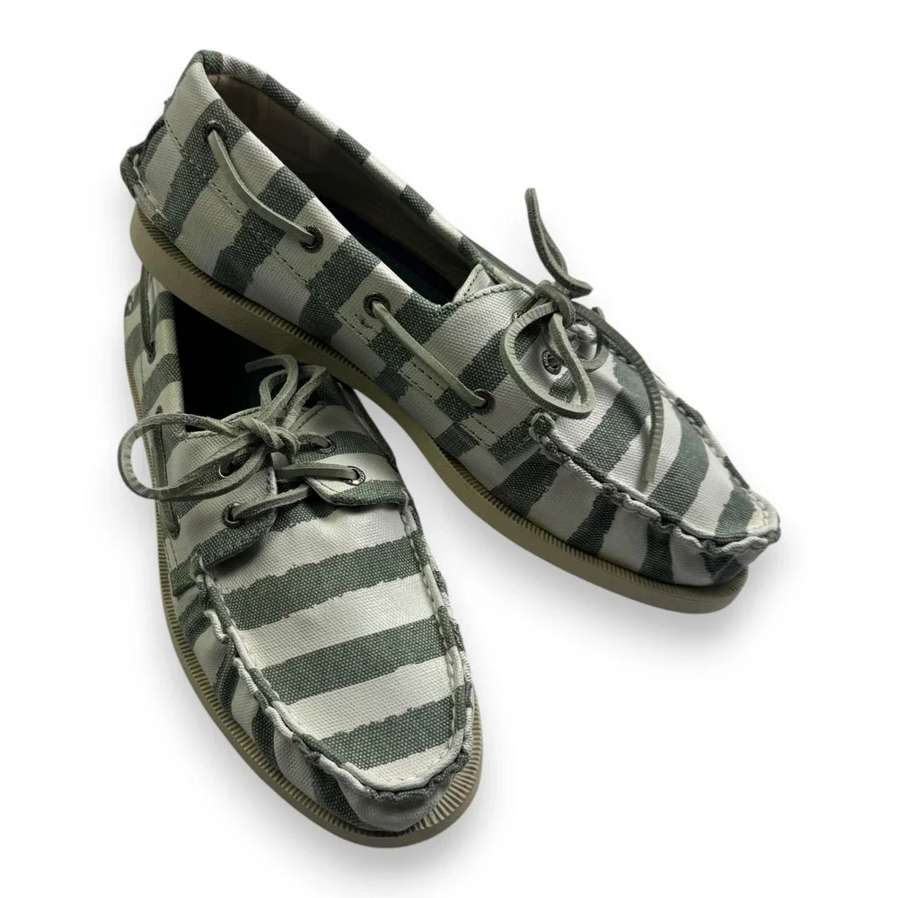 Sperry Top-Sider Striped Canvas Boat Shoes Green White Mens 10.5 M 10281584